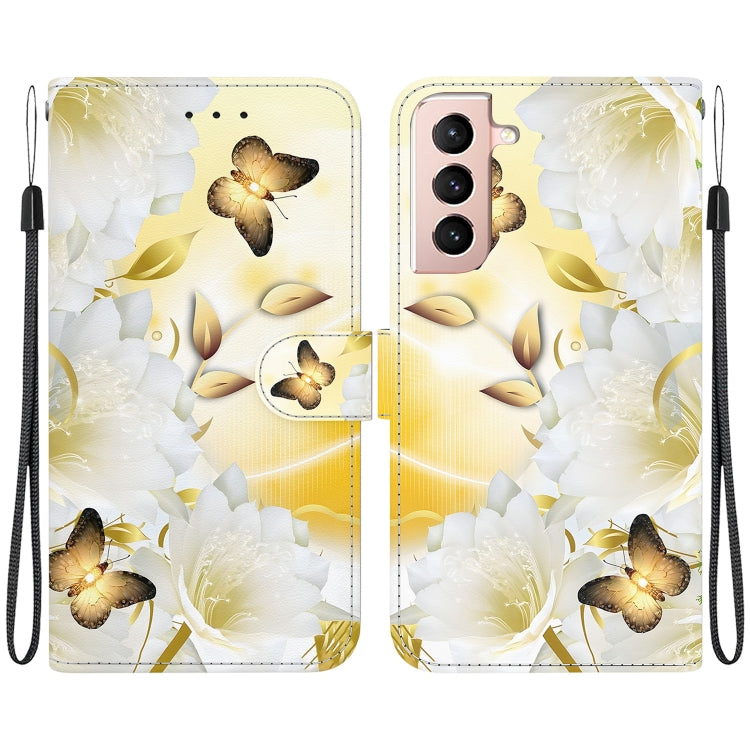 Estuche de Cuero para Samsung Galaxy S22 + 5G con Dibujo Coloreado y Textura de Cristal (Epiphyllum de Mariposa Dorada)