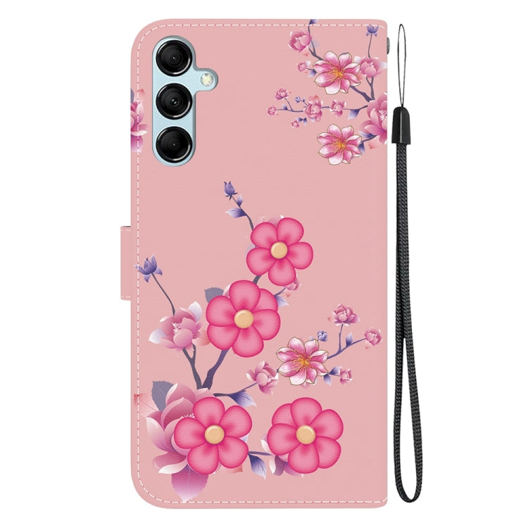 Estuche de Cuero para Samsung Galaxy A15 con Dibujo Coloreado y Textura de Cristal (Flores de Cerezo)