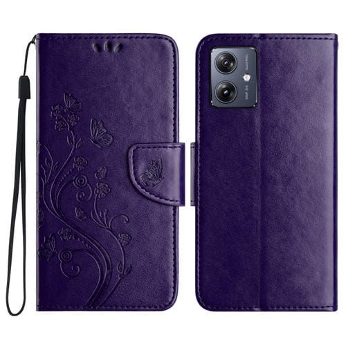 Funda de Cuero con Tapa para Motorola Moto G35 con Diseño de Flores y Mariposas (Morado Oscuro)