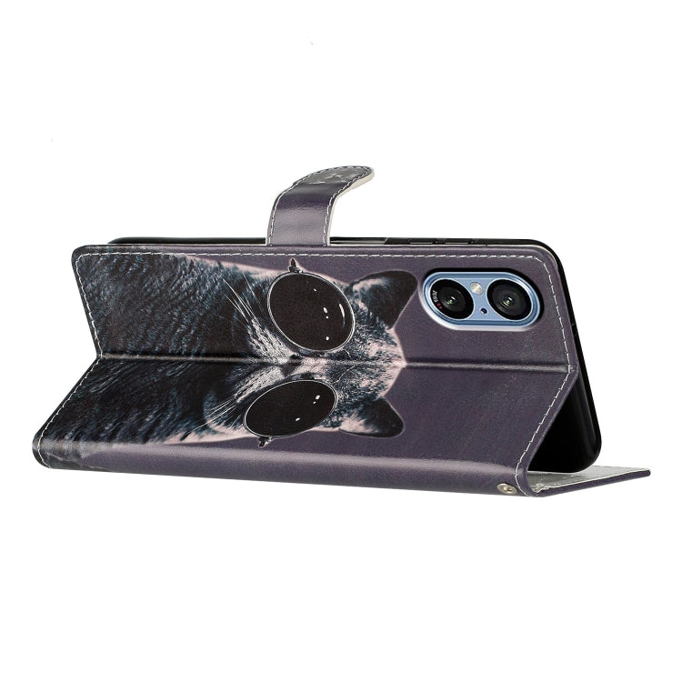 Funda de Cuero para Sony Xperia 5 V con Dibujo Coloreado Gato de Gafas de Sol