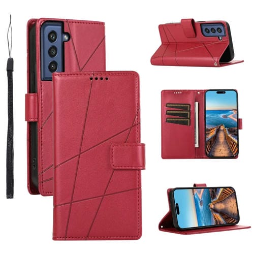 Funda para Teléfono Samsung Galaxy S21 FE 5G PU con Línea En Relieve y Textura de Cuero Genuino (Rojo)