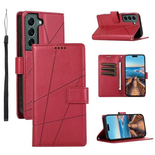 Funda para Teléfono Samsung Galaxy S22 + 5G Pu con Línea En Relieve y Textura de Cuero Genuino (Rojo)
