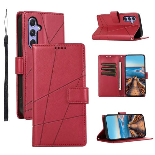 Funda para Teléfono Samsung Galaxy A55 PU con Línea en Relieve y Textura de Cuero Genuino (Rojo)