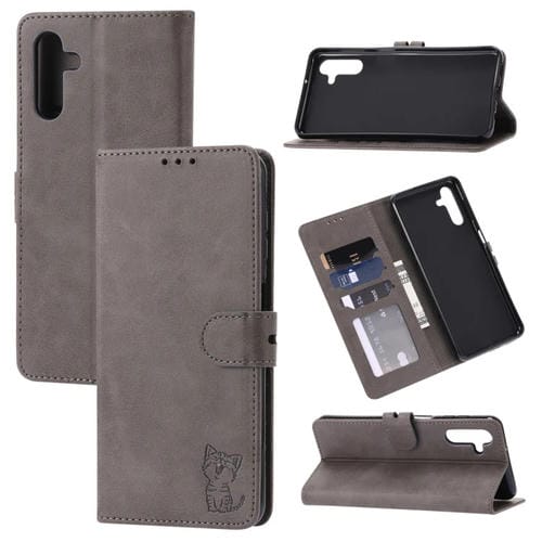 Funda para Teléfono Samsung Galaxy A05S Cuero Tapa Patrón Gato Feliz (Gris)