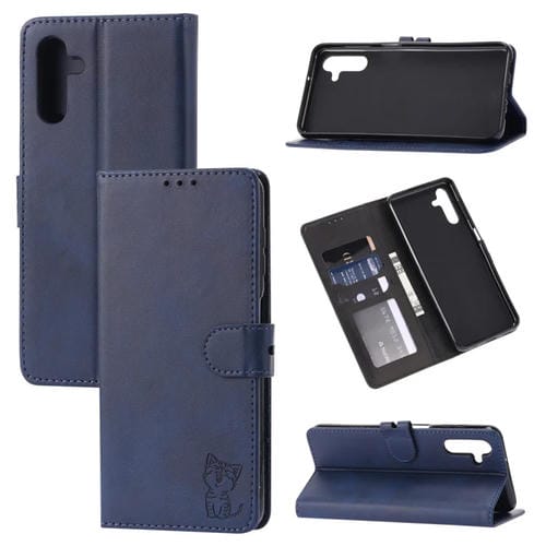 Funda para Teléfono Samsung Galaxy A15 Cuero con Tapa Patrón Gato Feliz (Azul)