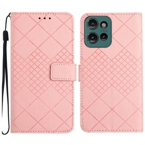 Funda de Cuero Motorola Moto G75 5G con Textura de Cuadrícula Rómbica (Rosa)