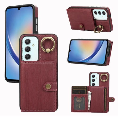 Funda para Teléfono Samsung Galaxy A34 5G con Soporte para Anillo y Billetera con Textura Cepillada (Rojo Oscuro)