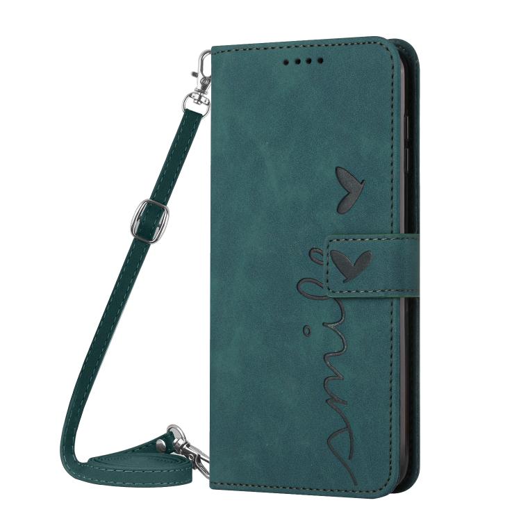 Funda de Piel con Relieve de Corazón para Teléfono Itel S25 con Cordón Largo (Verde)