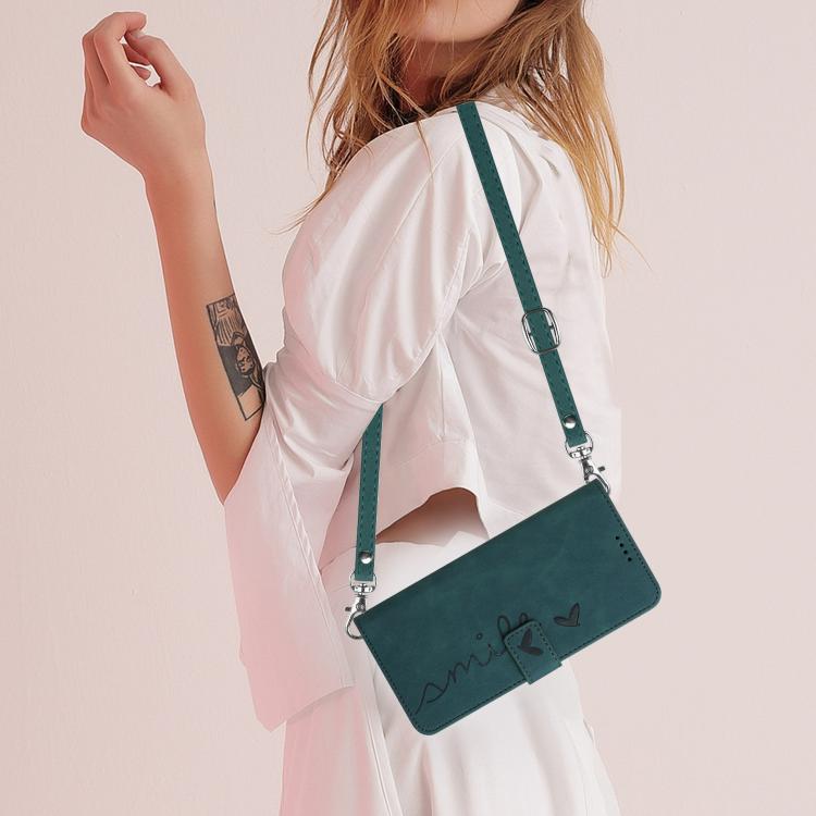 Funda de Piel con Relieve de Corazón para Teléfono Itel S25 con Cordón Largo (Verde)