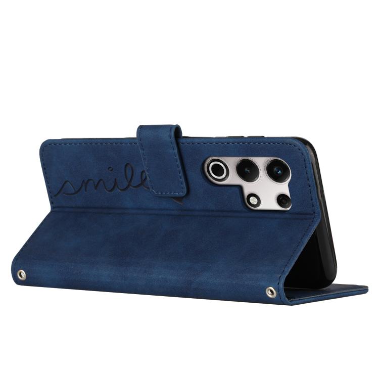 Funda de Piel con Relieve de Corazón y Cordón Largo para Teléfono Itel S25 Ultra (Azul)