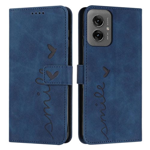Funda de Piel con Relieve de Corazón para Motorola Moto G55 con Cordón Largo (Azul)