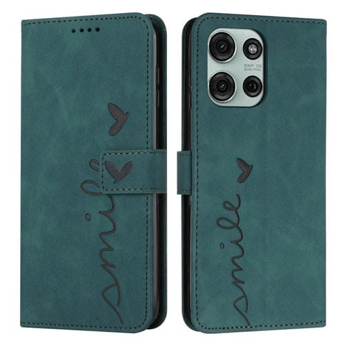 Funda de Piel con Relieve de Corazón para Motorola Moto G75 con Cordón Largo (Verde)