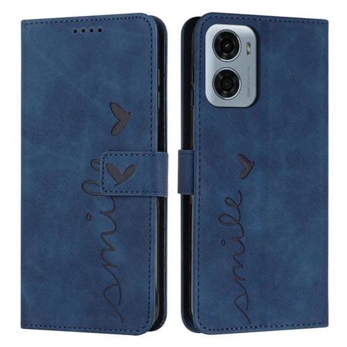 Funda de Piel con Relieve de Corazón para Motorola Moto G05 con Cordón Largo (Azul)