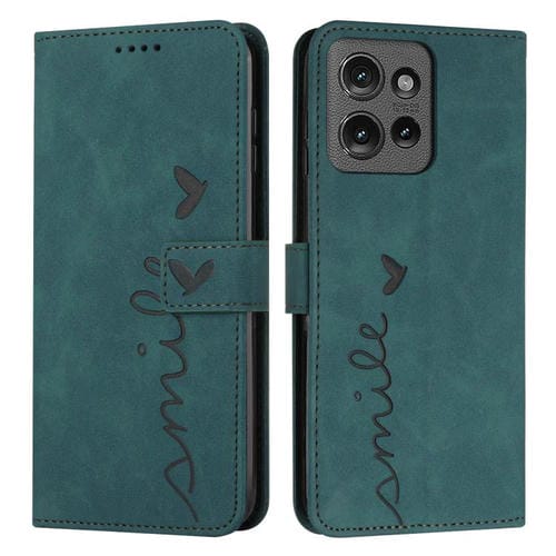 Funda de Piel con Relieve de Corazón para Motorola Moto G 5G (2025) con Cordón Largo (Verde)