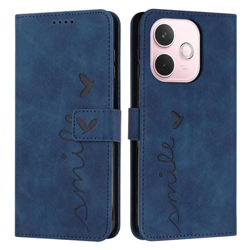 Funda de Piel con Relieve de Corazón y Cordón Largo para Oppo A5 Pro 5G (Azul)