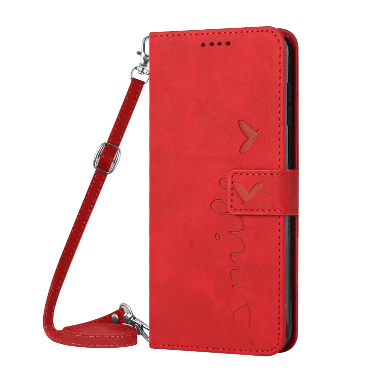 Funda de Piel con Relieve de Corazón y Cordón Largo para Sony Xperia 5 Vi (Rojo)
