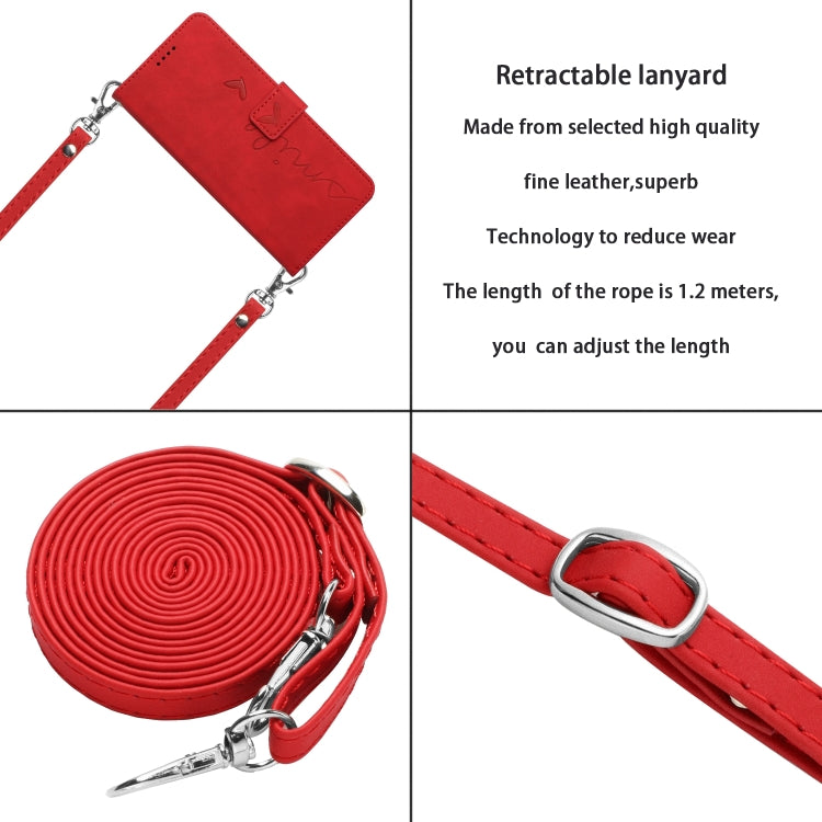 Funda de Piel con Relieve de Corazón y Cordón Largo para Sony Xperia 5 Vi (Rojo)