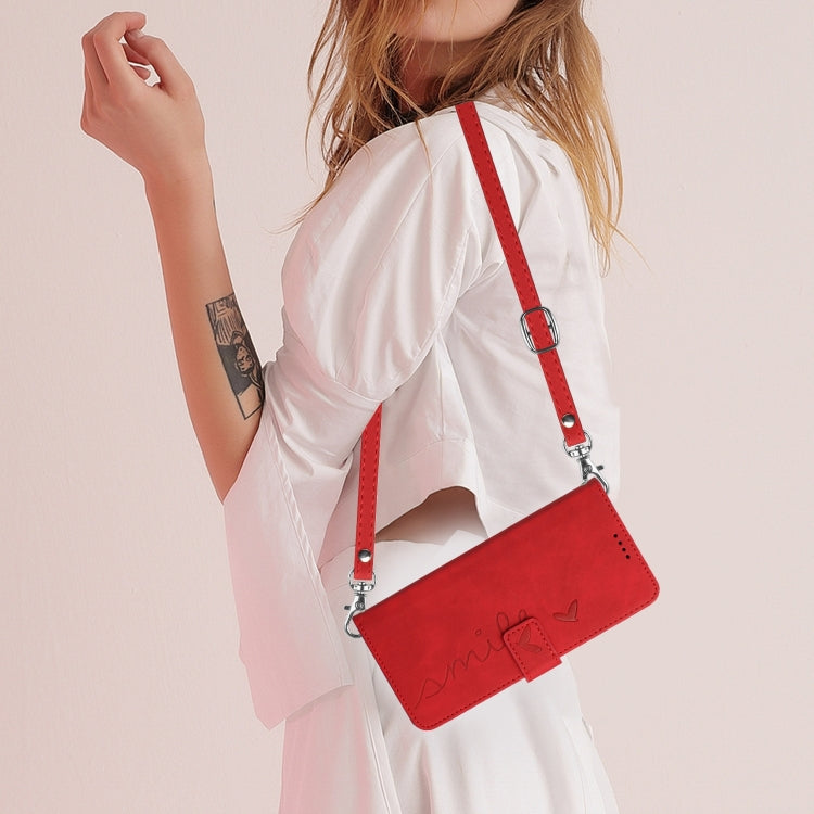Funda de Piel con Relieve de Corazón y Cordón Largo para Sony Xperia 5 Vi (Rojo)