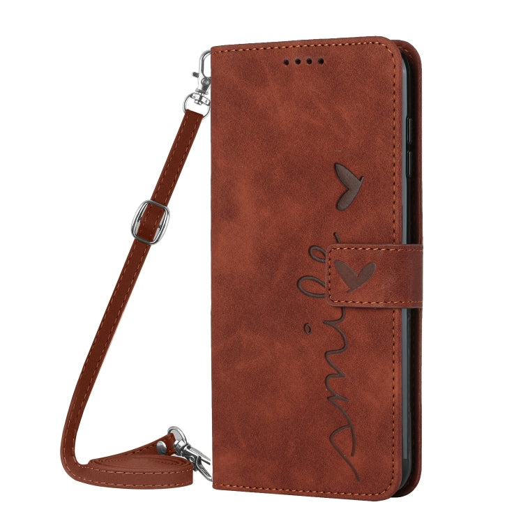 Funda de Piel con Relieve Corazón y Cordón Largo para Sony Xperia 5 Vi (Marrón)