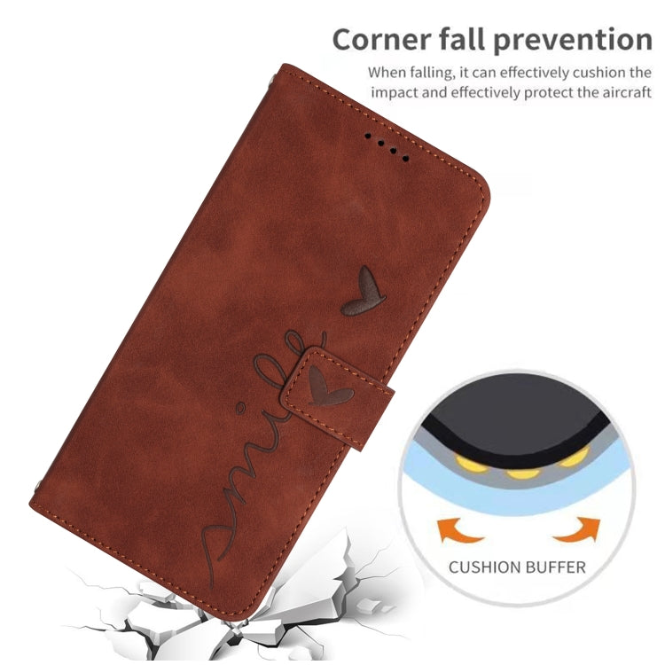 Funda de Piel con Relieve Corazón y Cordón Largo para Sony Xperia 5 Vi (Marrón)