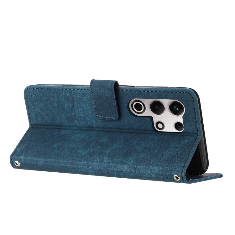 Funda de Cuero Itel S25 con Diseño de Rayas y Tacto Ultrafino con Cordón (Azul)