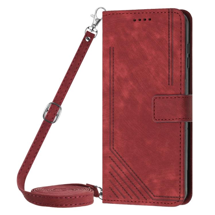Funda de Cuero Itel S25 con Diseño de Rayas y Cordón (Rojo)