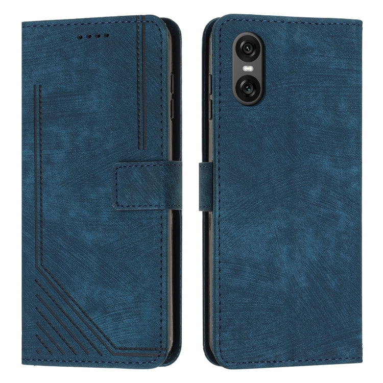 Funda de Cuero para Sony Xperia 5 Vi con Diseño de Rayas y Tacto Sedoso (Azul)