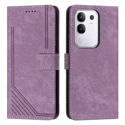Funda de Cuero con Estampado de Rayas y Cordón para Vivo Y29 4G (Morado)