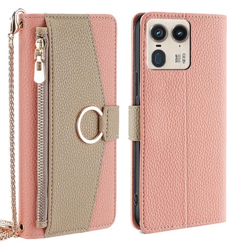 Funda Cruzada de Cuero con Textura de Lichi para Motorola Edge 50 Ultra (Rosa)