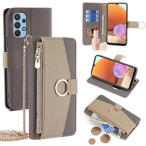 Funda para Teléfono Samsung Galaxy A32 4G Cuero Textura Litchi Crossbody (Gris)