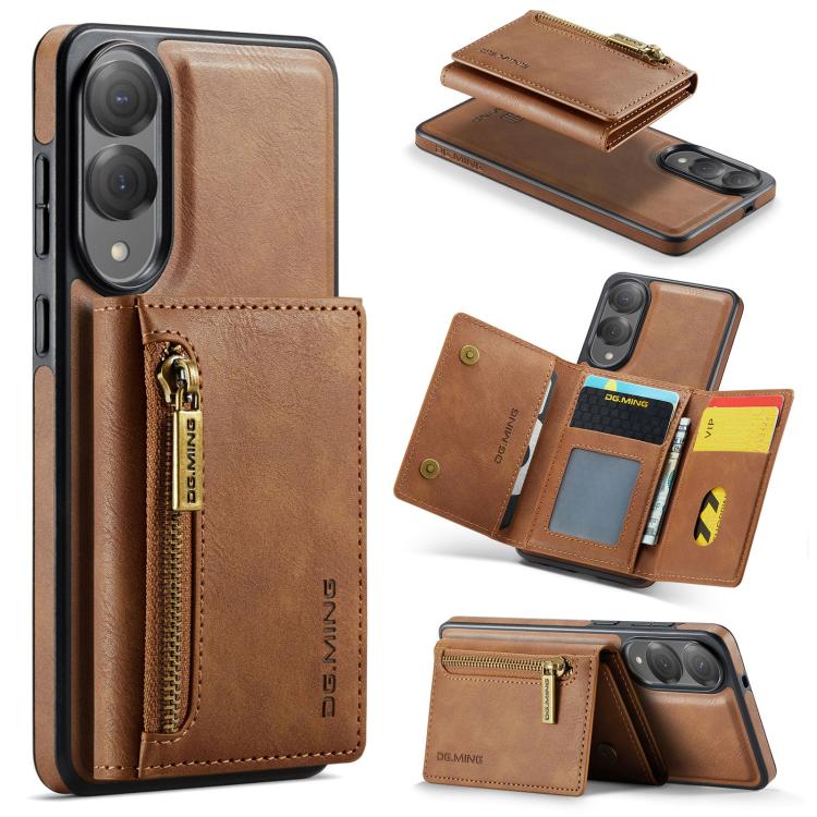 Funda de cuero desmontable con cremallera RFID para Samsung Galaxy S25 Edge 5G DG.MING M5 Series (marrón)