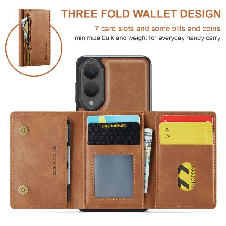 Funda de cuero desmontable con cremallera RFID para Samsung Galaxy S25 Edge 5G DG.MING M5 Series (marrón)