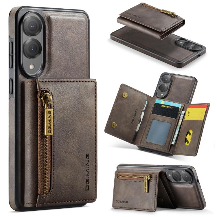 Funda de cuero desmontable con cremallera RFID para Samsung Galaxy S25 Edge 5G DG.MING M5 Series (café)