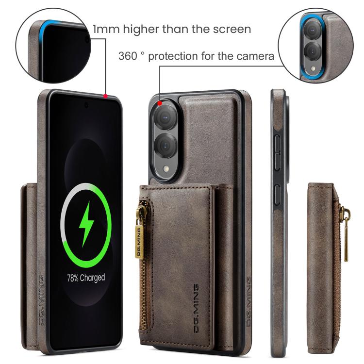 Funda de cuero desmontable con cremallera RFID para Samsung Galaxy S25 Edge 5G DG.MING M5 Series (café)
