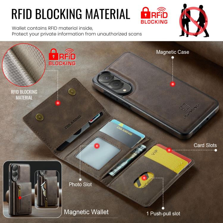 Funda de cuero desmontable con cremallera RFID para Samsung Galaxy S25 Edge 5G DG.MING M5 Series (café)