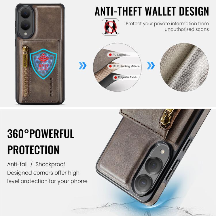 Funda de cuero desmontable con cremallera RFID para Samsung Galaxy S25 Edge 5G DG.MING M5 Series (café)