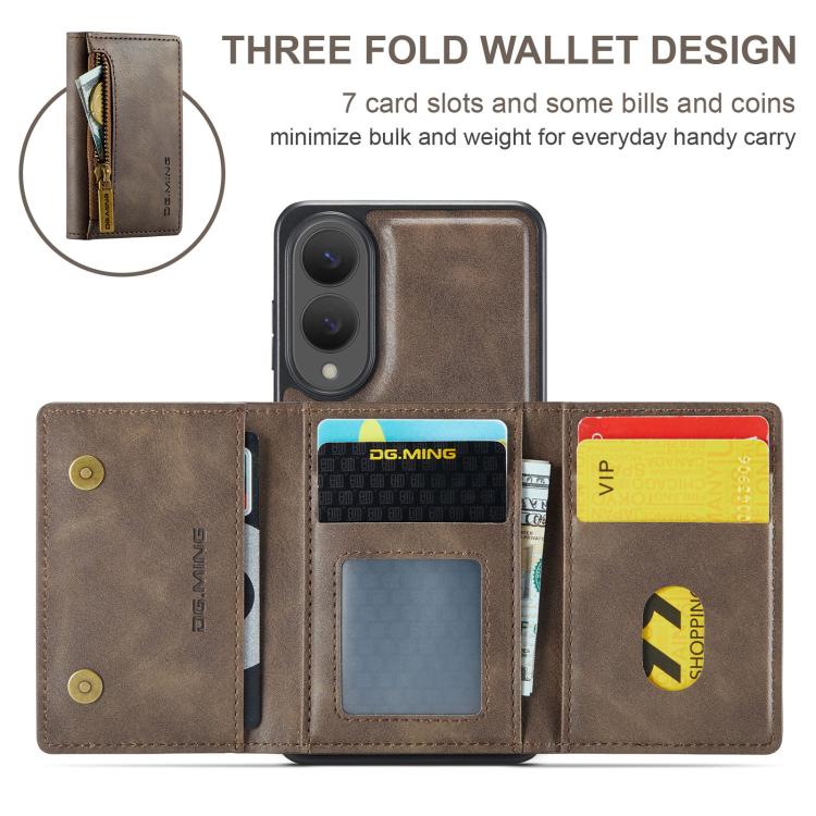 Funda de cuero desmontable con cremallera RFID para Samsung Galaxy S25 Edge 5G DG.MING M5 Series (café)