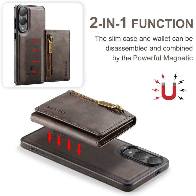Funda de cuero desmontable con cremallera RFID para Samsung Galaxy S25 Edge 5G DG.MING M5 Series (café)