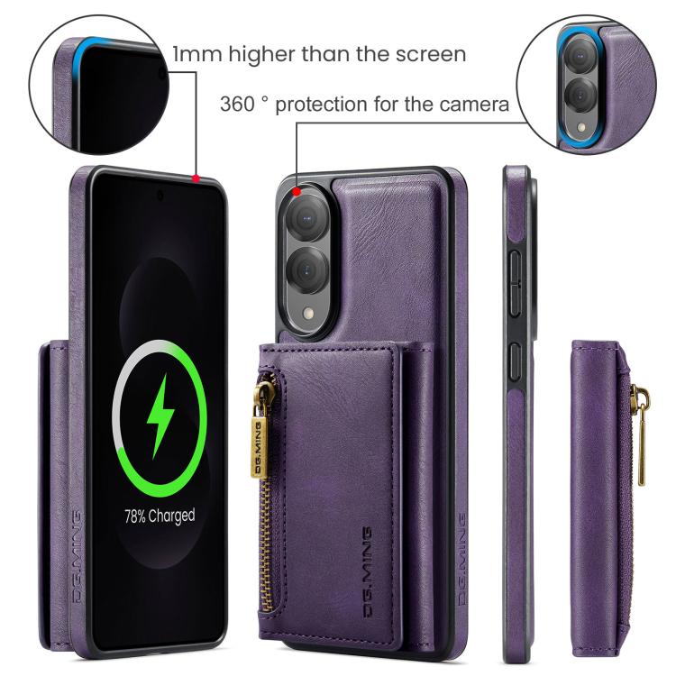 Funda de cuero desmontable con cremallera RFID para Samsung Galaxy S25 Edge 5G DG.MING M5 Series (morado)