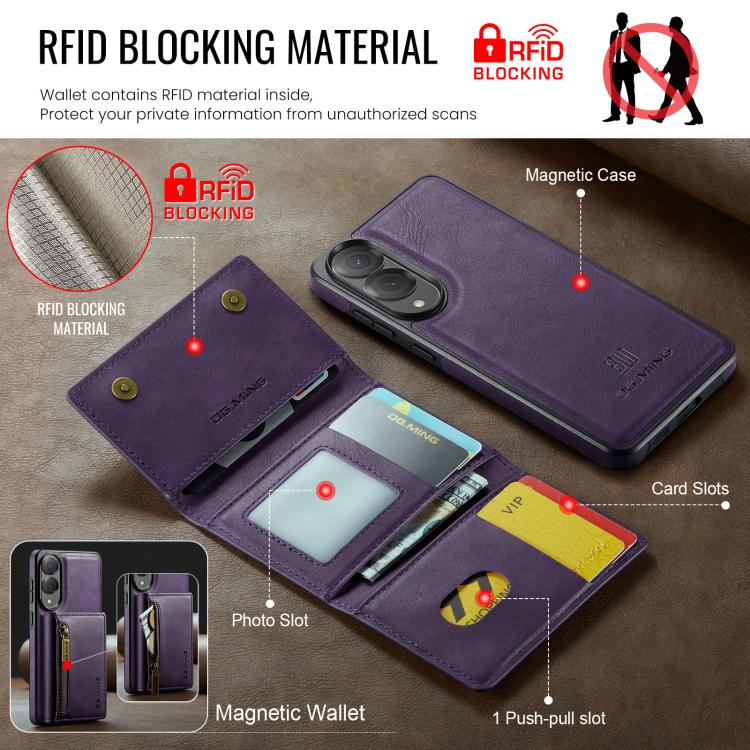 Funda de cuero desmontable con cremallera RFID para Samsung Galaxy S25 Edge 5G DG.MING M5 Series (morado)