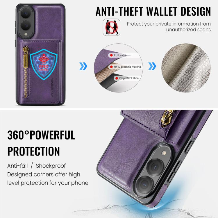 Funda de cuero desmontable con cremallera RFID para Samsung Galaxy S25 Edge 5G DG.MING M5 Series (morado)