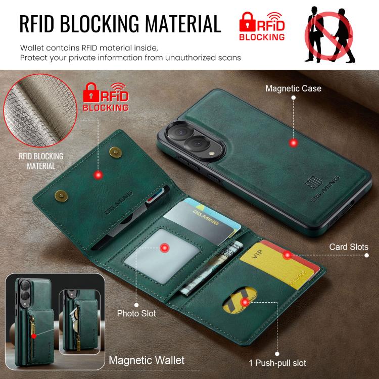 Funda de cuero desmontable con cremallera RFID para Samsung Galaxy S25 Edge 5G DG.MING M5 Series (verde)