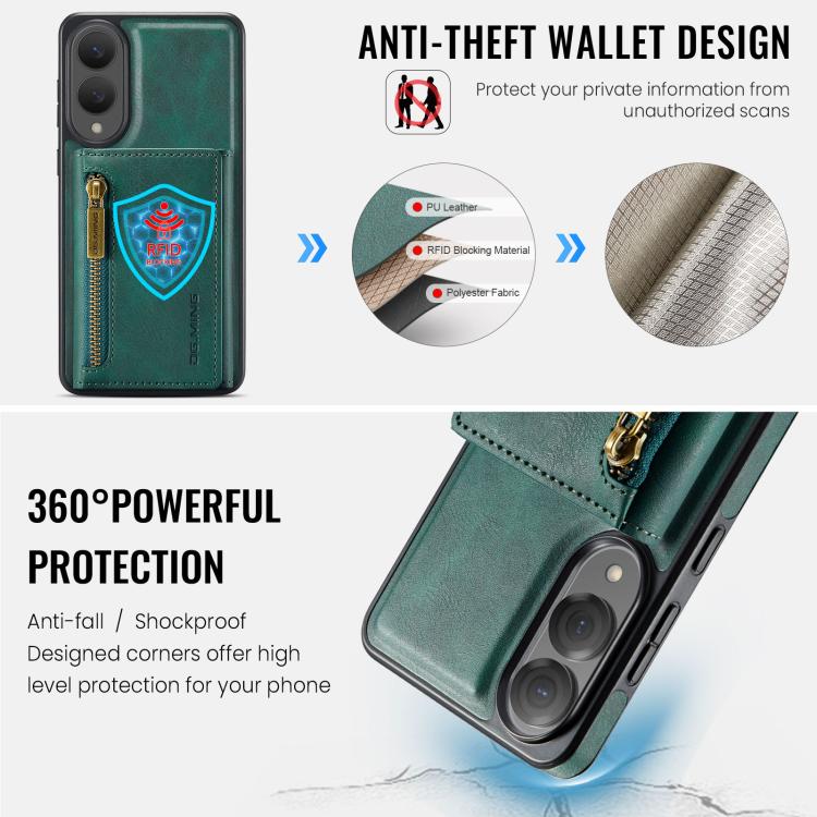 Funda de cuero desmontable con cremallera RFID para Samsung Galaxy S25 Edge 5G DG.MING M5 Series (verde)