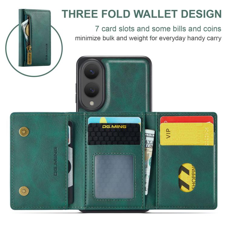 Funda de cuero desmontable con cremallera RFID para Samsung Galaxy S25 Edge 5G DG.MING M5 Series (verde)