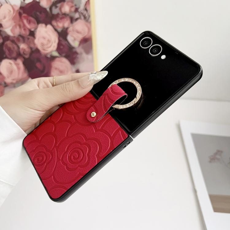 Funda protectora con estampado de camelia para Samsung Galaxy Z Flip7 5G con anillo de diamante y cordón largo (naranja)