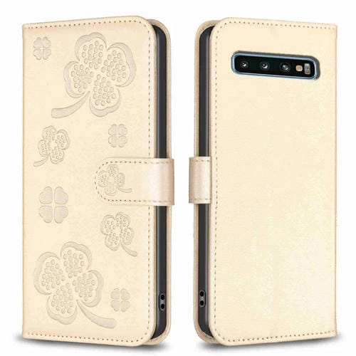 Funda de Cuero Samsung Galaxy S10 con Relieve de Cuatro Hojas (Dorado)