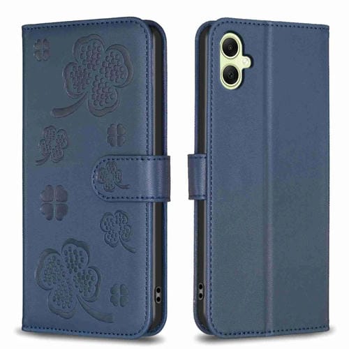 Funda de Cuero Samsung Galaxy A05 con Relieve de Cuatro Hojas (Azul)