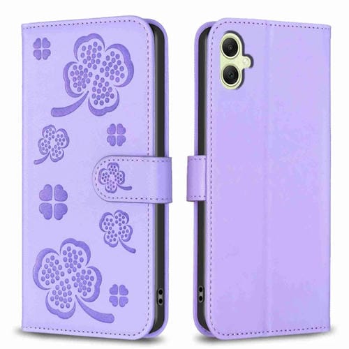 Funda de Cuero Samsung Galaxy A05 con Relieve de Cuatro Hojas (Púrpura)