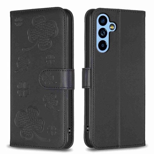 Funda de Cuero Samsung Galaxy A14 con Relieve de Cuatro Hojas (Negro)