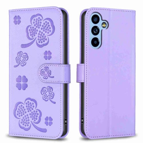 Funda de Cuero Samsung Galaxy A14 Relieve Cuatro Hojas (Púrpura)